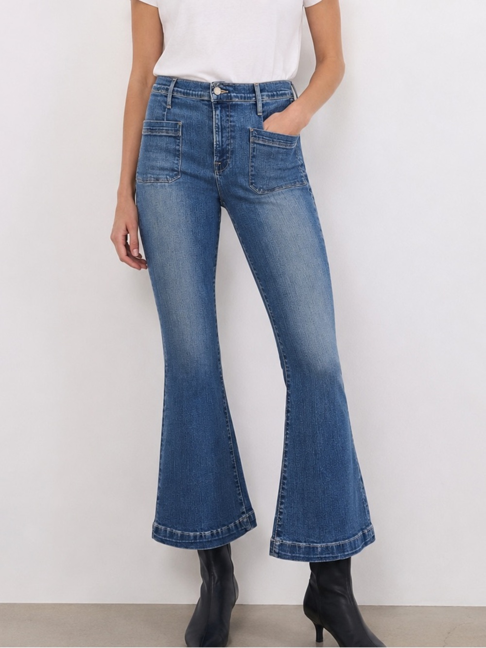 FRAME Le Bardot Crop Flare Jeans 28 Madera Prim High Rise Patch Pockets